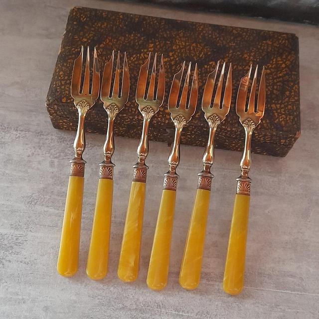 Vintage French boxed set of six copper cake forks - yellow handles