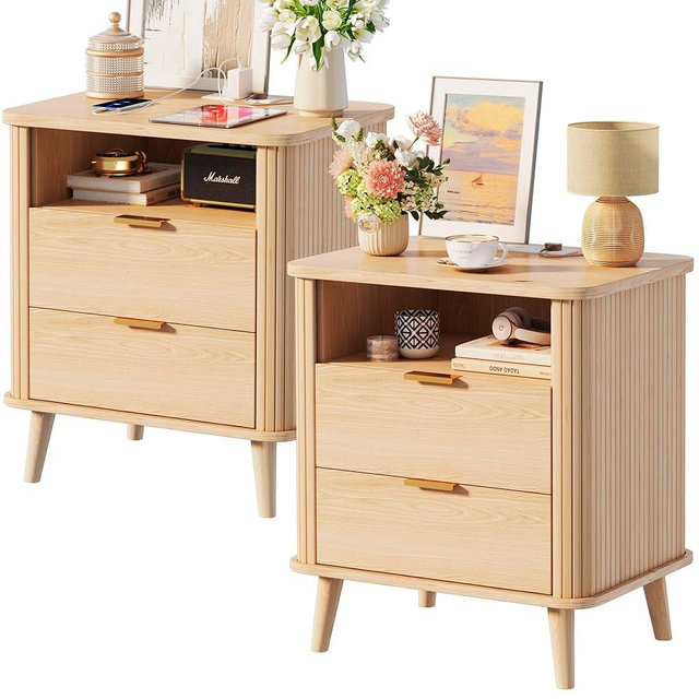 Fluted Nightstands Set of 2, Mid Century Modern Bedside Table with Drawer & Open Shelf, Curved Profile Design, Night Stand with Charging Station, End Side Table with Storage for Bedroom, Oak
