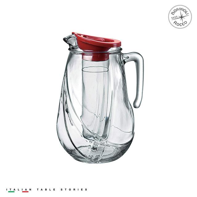 Bormioli Rocco Rolly Jug Container – Modern Glass Pitcher With Ant-Dilution Ice Container, Removable Red Lid & Strong Handle – Water Jug Dispenser For Juice, Iced Tea, Juice, Lemonade (87¼ Ounces)