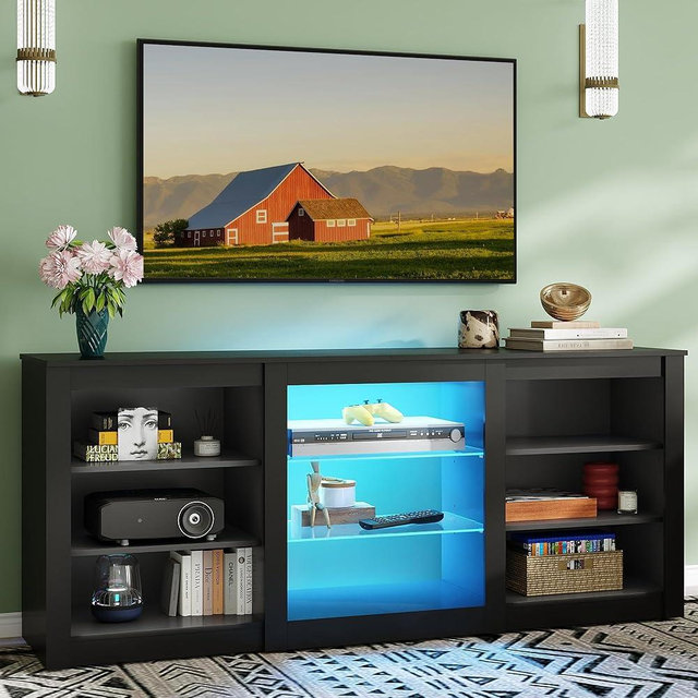 WLIVE Modern TV Stand for 65 Inch TV, Entertainment Center with Adjustable Open Shelves & RGB LED Lights, Sturdy Media Console for Living Room, Bedroom,Gaming (Black)