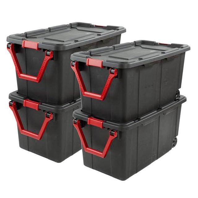 Sterilite 40 Gal Wheeled Industrial Tote, Stackable Storage Bin with Latch Lid, Plastic Container with Heavy Duty Latches, Black Base and Lid, 4-Pack