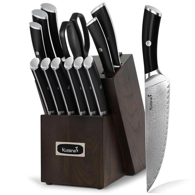 Authentic Damascus Knife Set, Ultra Sharp Blade Ergonomic Non-slip Handle, Kitchen Utensils Set Chef Knife Block Set with Built-in Sharpener, Luxury Gift for Holiday(Silver, 14PCS)