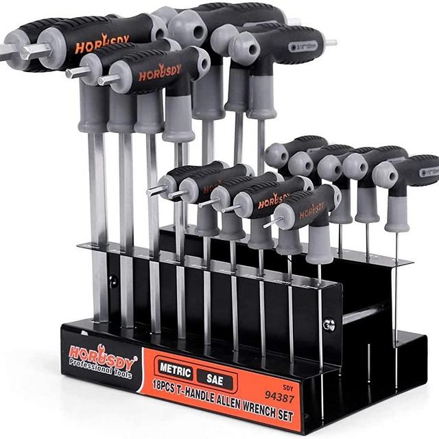 HORUSDY 18-Piece T-Handle allen wrench set, Inch/Metric Long Arm Ball End Hex Key Wrench Set, MM(1.5mm-10mm) SAE(1/16"-3/8")