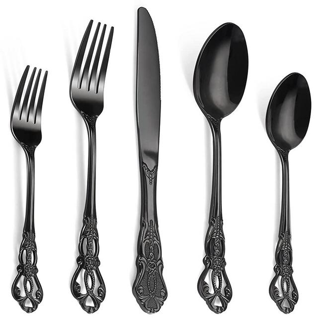 Nomeyar Titanium Black Plated Stainless Steel Flatware Set, 20 Pieces dark Silverware Set, Anti-rust Stainless Steel Black Cutlery Set Utensils Including Fork Spoon and Knife