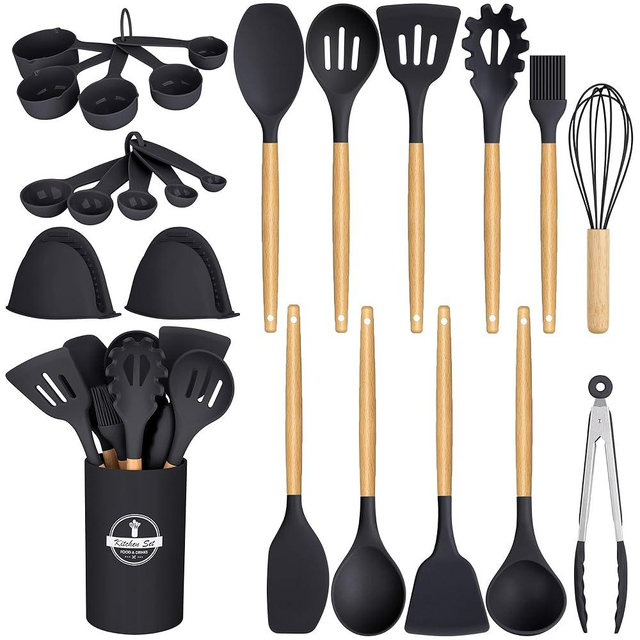 24 Pcs Kitchen Cooking Utensils Set,446°F Heat Resistant Non-Stick Silicone Kitchen Utensil Set With Wooden Handles and Holder,Kitchen Gadgets for Cookware,Kitchen Accessories,Black