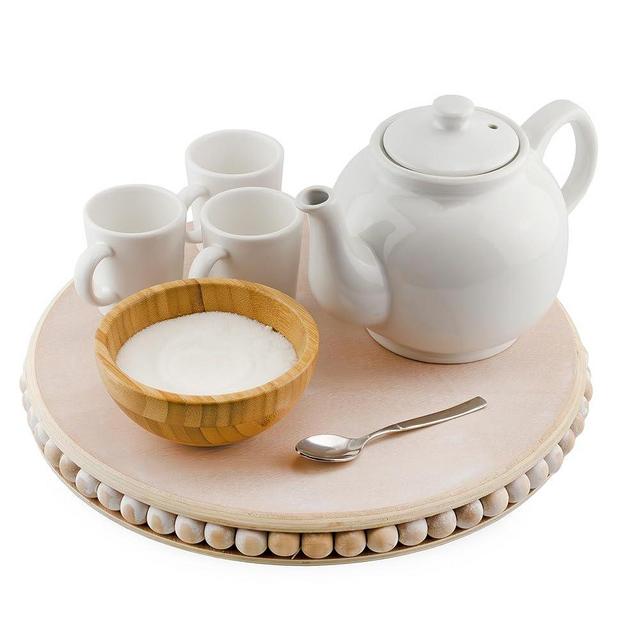 AuldHome Wood Beaded Lazy Susan Organizer (13-Inch); Decorative Rustic Boho Style Turntable for Dining and Pantry Storage