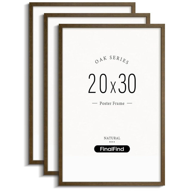FinalFind Minimalist 20x30 Frame, Brown Walnut, Solid Wood 20x30 Poster Frame for Pictures or Art Prints, Lightweight for Wall Mount (3 Pack, Walnut)