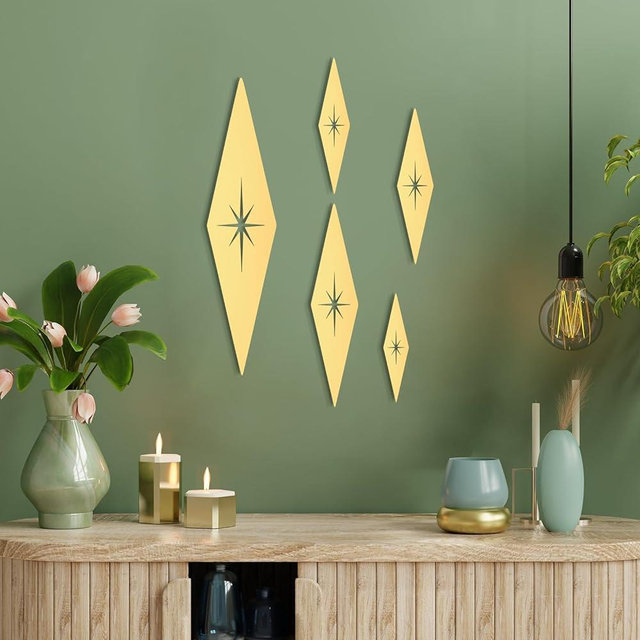 Yaocom 5 Pieces Midcentury Modern Vintage Style Starburst Metal Wall Decor Mid Century Modern Elegance Wall Accents Diamond Star Bursts Wall Decor Vintage Style Home Decoration(Diamond)