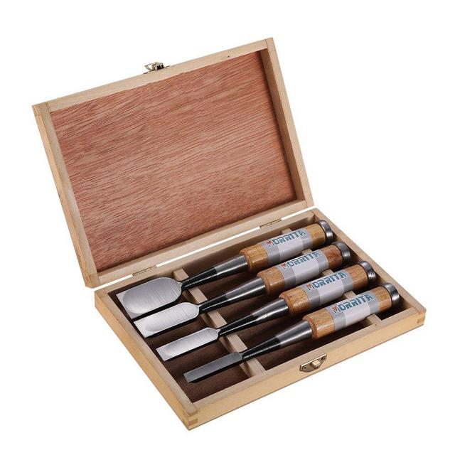 Morrita Japanese Chisel Set 9mm(3/8&quot;),15mm(5/8&quot;),21mm(7/8&quot;),30mm(1-3/16&quot;) Wood Chisel Wood Carving Mortise Chisel With Double-layered Blades 4pcs in wooden box