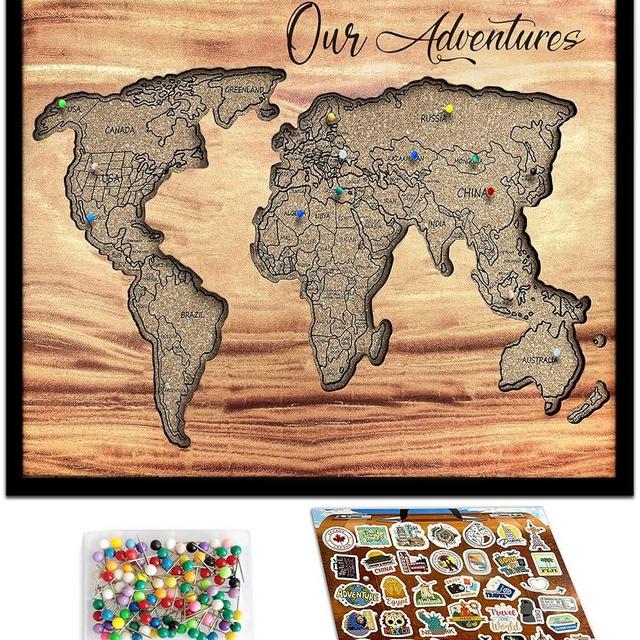 flinelife Cork World Push Pin Map,12X10, World Travel Map With Pins, Perfect For Couples or Retirement Gift
