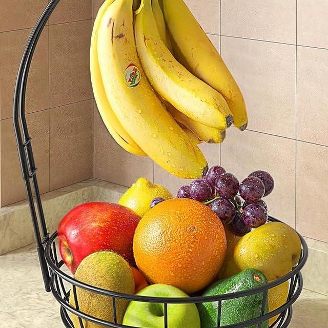 Sevenblue 360°Rotating Fruit Basket for Kitchen Counter with Upgraded Banana Hanger, 2026 Pro Metal Countertop Fruit and Vegetable Basket Bowl Storage with Wooden Non-Slip Base, Black