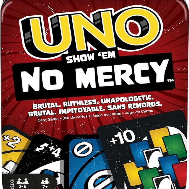 Mattel Games UNO Show ‘em No Mercy Card Game in Storage & Travel Tin for Kids, Adults & Family Night with Extra Cards, Special Rules & Tougher Penalties (Amazon Exclusive)