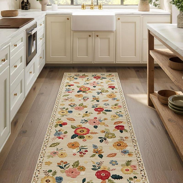 Machine Washable Runner Rug for Hallway: 2'6"x8' Kitchen Runners Rug with Rubber Backing Non Slip Stain Resistant Floral Floor Rug Soft Carpet Runners for Indoor Entryway Bedroom Bedside Living Room