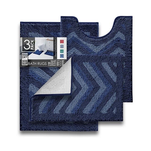 3 Piece Ultra Soft Non Slip Shaggy Bath Rug - Chevron Design - Small, Large & Contour