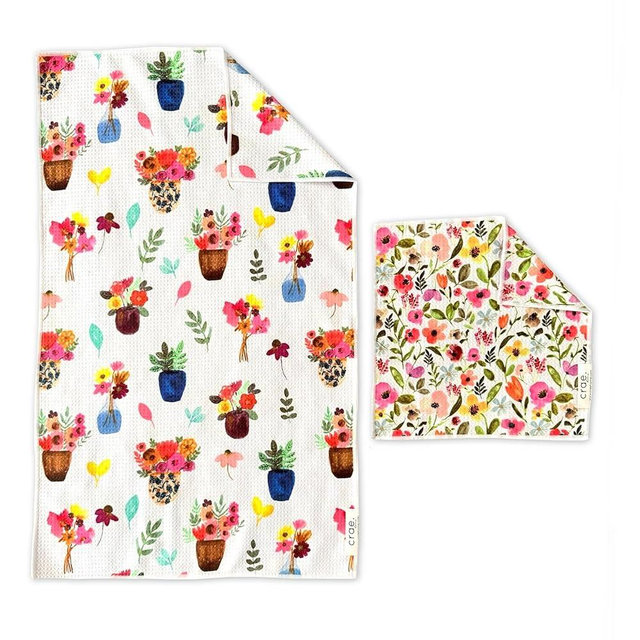 crae. Microfiber Hand Towel & Washcloth Set of 2 - Double-Sided, Waffle Weave, Super Absorbent, Lint-Free, Fast Drying - for Bathroom, Kitchen, Car, and Window Cleaning (Petal Lane/Posey)