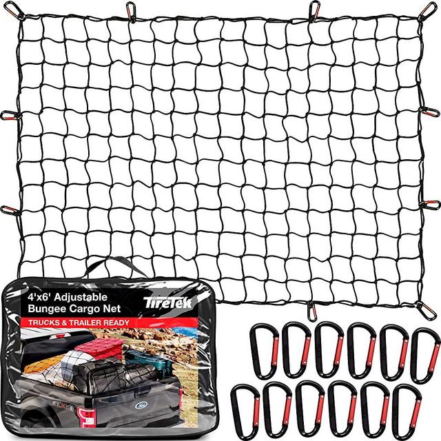 TireTek Cargo Net for Pickup Truck Bed- 4' x 6' Stretches to 8' x 12'- Heavy Duty Small 4”x4” Latex Bungee Net Mesh with 12 Metal Carabiners - Compatible with Ford, Dodge RAM, Chevy, Toyota