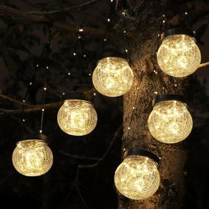PARTPHONER Solar Lanterns Solar Lights Outdoor Waterproof 6-Pack, Solar Powered Hanging Lights Cracked Glass Hanging Globes for Christmas Decoration, Shepherd Hook, Garden Tree Ornaments