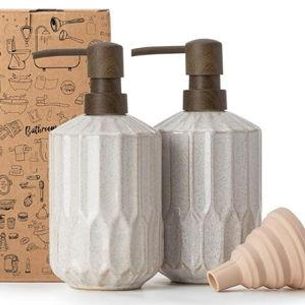 Fun Elements Bathroom Soap Dispenser Set, 16 OZ Ceramic Hand Soap Dispenser for Bathroom, Luxurious Hand and Dish Soap Dispenser Set with Silicone Funnel for Kitchen - wooden color pump