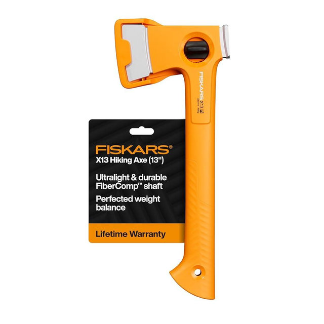 Fiskars X13 Ultralight Hiking Axe 13", Ultra-Sharp Forged Steel Blade for Efficient Chopping & Camping, 15% Lighter High-Visibility Orange FiberComp Handle Drives Tent Stakes, Sheath Included