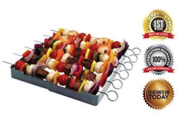Stainless Steel-Heavy Duty, Shish Kebab 6-Piece Skewer - Shish Kabob Rack & Grill Set for ALL Meats & Vegetables-Over 2 Dozen Amazing Shish Kabob Recipes, Interlocking Shish Kabob Skewers, by MORE