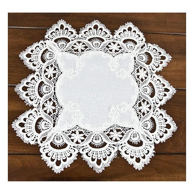 Square Placemat or Doily in White European Lace and Antique Jacquard Fabric, Size 14 Inches Square