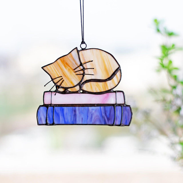 Custom Cat on The Books Stained Glass Window Hanging Wall Decor Cat memorial Gift, Book Lover's Gift, Cat Sun Suncatcher, Cat Gifts