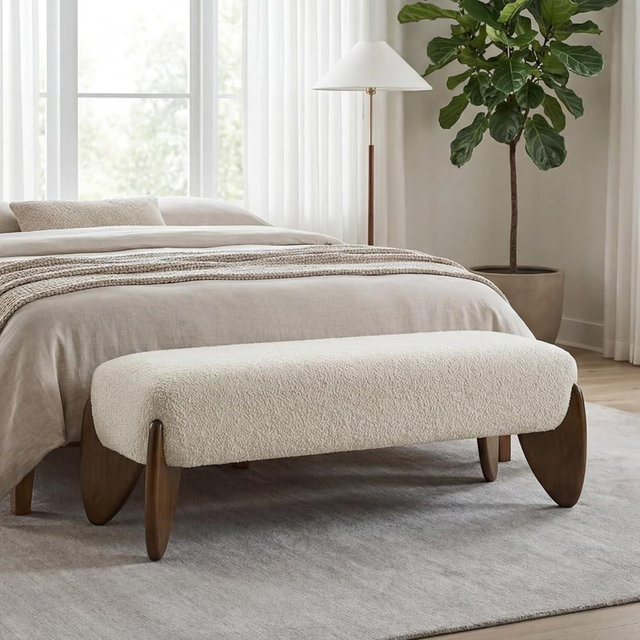 Ya-Home Modern Boucle Bedroom Bench, 50” Upholstered End of Bed Bench with Comfy Seat/Solid Wood Legs, Wooden Entryway Window Ottoman Bench for Living Room/Hallway, Beige