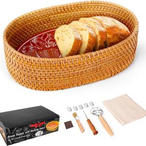 Bread Basket with Warming Stone with Cotton Cloths - Terracotta Bread Warmer Stone - 12.7 x 3.7 x 8.2 Inch Large Traditional Bread Warming Set - Gifts for Bakers Woman Hostess House Warming