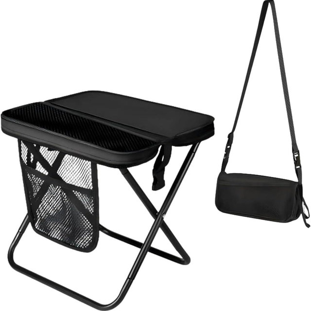 abhideepuecom Portable Folding Camping Stool, Ultralight 1.65 LBS Collapsible Foldable Camp Seat with Mesh Storage Pocket & Carry Bag for Adults, Hiking Backpacking Fishing Travel Outdoor BBQ (Black)