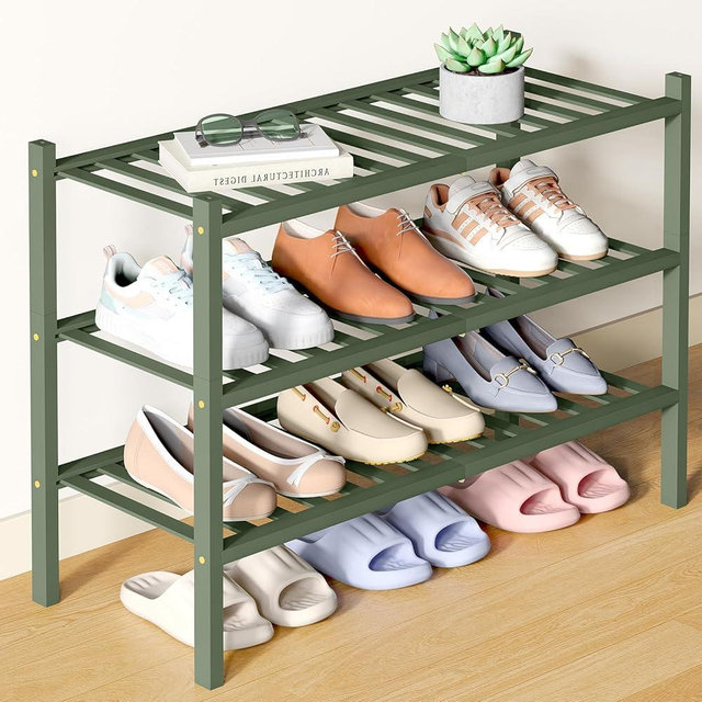 Smiry Bamboo Shoe Rack for Closet, 3 Tier Wooden Stackable Shoe Organizer, Free Standing Shoes Storage Shelf for Entryway, Front Door Entrance, Green