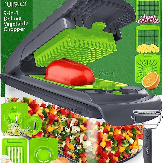 Fullstar 9-in-1 Deluxe Vegetable Chopper Kitchen Gifts Onion Chopper & Dicer Peeler, Spiralizer, Zoodle Maker, Lemon Squeezer, Egg Slicer & Seperator - Ultimate Kitchen Gadget, Gray and Green