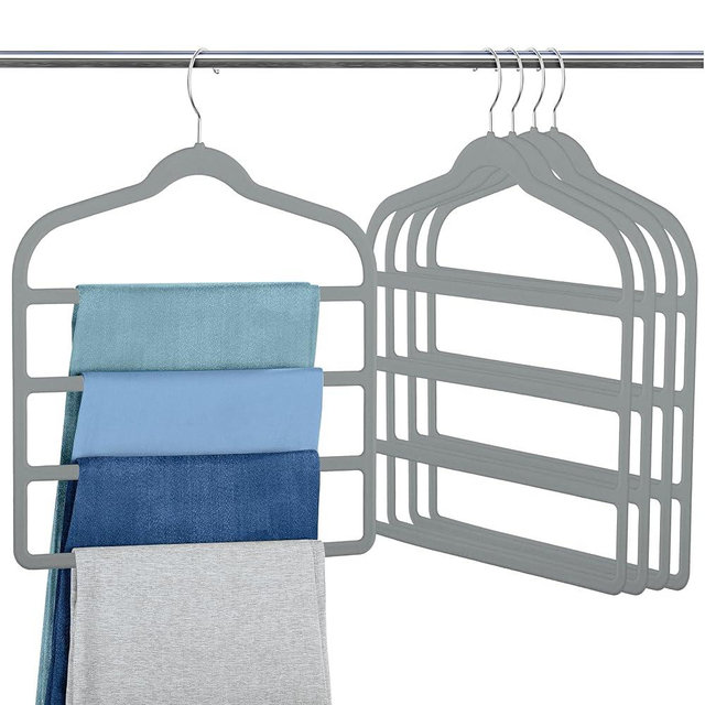 Velvet Pants Clothes Hanger Space Saving Non-Slip Pants Shorts Hanger, Myfolrena Jeans Slack Trousers Hangers Multiple Velvet Hanger Closet Storage and Organization for Jeans,Scarf,Tie(Grey, 5)