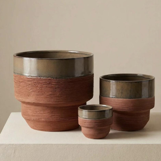 Medium Ceramic Planter Pot, Two-Tone with Drainage - Freya