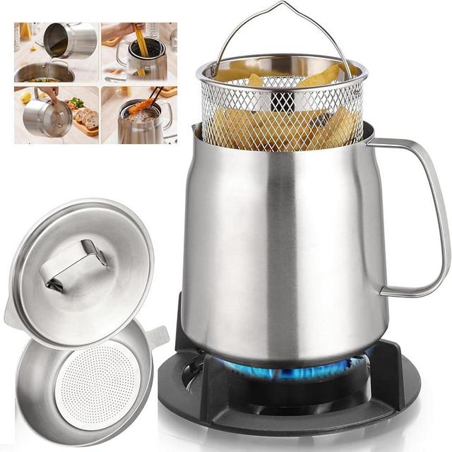 Generic Stainless Steel Oil Filter Pot (68oz), Heavy Duty 2L Bacon Grease Saver with Strainer and deep fryer basket,Multi-function 304 Fat Separator for Kitchen, Bright Silver