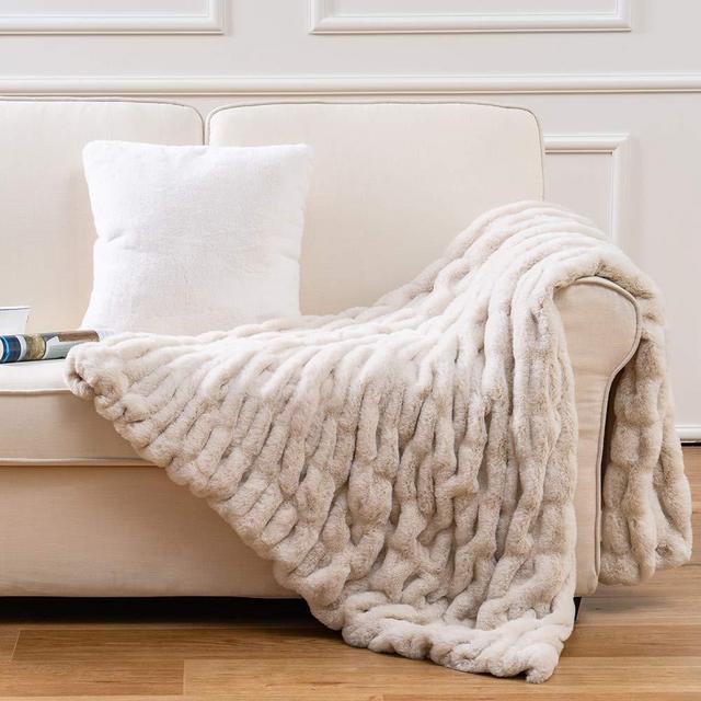 Luxury Concepts Lightweight Faux Rabbit Fur Throw Blanket, Ruched Elegant Wrinkle Resistant, Anti-Static and Washable for Couch Sofa Bed, 50" x 60" in, Beige