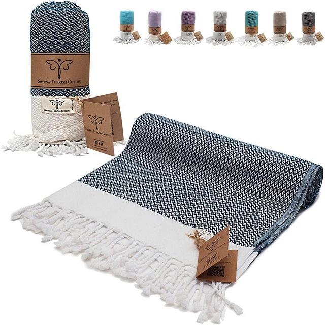 Smyrna Original Turkish Beach Towel Cotton, Prewashed, 37 x 71 Inches | Peshtemal and Turkish Bath Towel for SPA, Beach, Pool, Gym and Bathroom (Navy Blue)