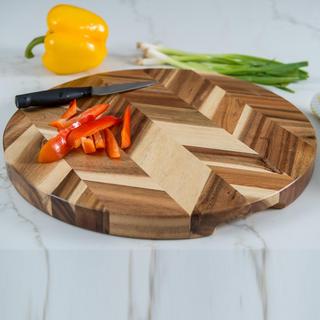 Acacia Herringbone Round Cutting Board with Inset Handles