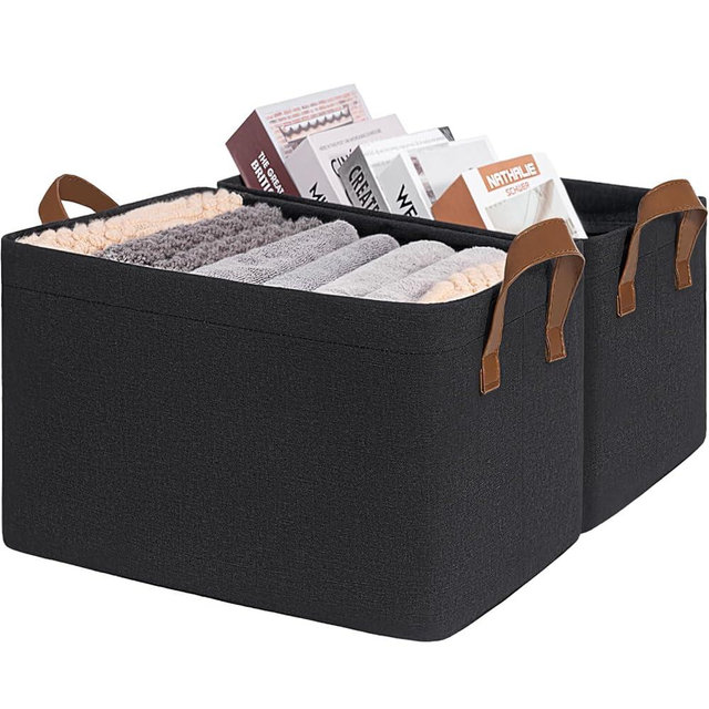 CHICVITA Shoe Basket Large Storage Bins for Clothes, Storage Baskets for Organizing, Fabric Storage Bin for Living Room, Black Storage Basket for Toys, Towels, 16 ¾" L x 11" W x 9 ¾" H, 2-Pack