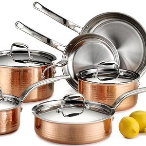 Groupe SEB - Lagostina Q554SA64 Martellata Tri-ply Hammered Stainless Steel Copper Oven Safe Cookware Set, 10-Piece, Copper