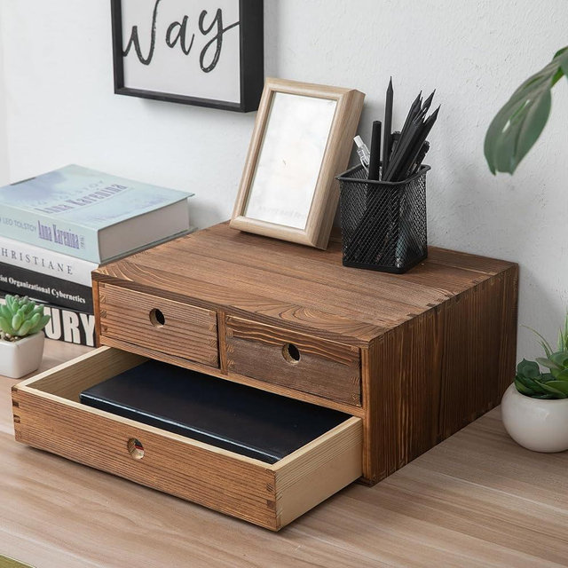 ExoLiry Rustic Torched Brown Wood Desk Storage Cabinet Drawers Round Cutout Handles Countertop Wooden Organizer Table Top Stand Box Holder Jewelry Keepsake Caddy Mini Dresser Home Office Farmhouse