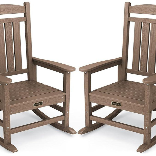 SERWALL Outdoor Rocking Chair Set of 2, HDPE Patio Rocking Chair All-Weather Porch Rocker for Balcony, Yard, Brown