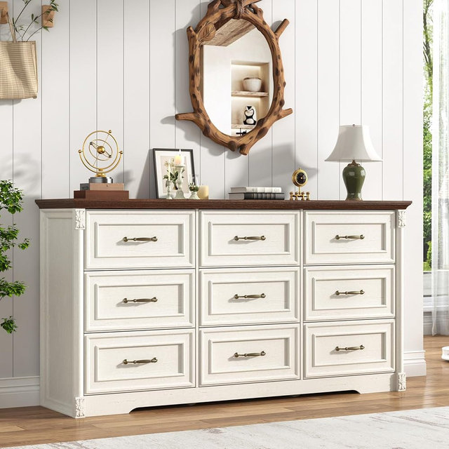 Farmhouse Wood 9 Drawer Dresser for Bedroom,Embossed Roman Column Wood Rustic 63 Inch Wide Dresser & Chest of Drawers with Rustic Handles,Tall Storage Organizer for Bedroom(Antique White)