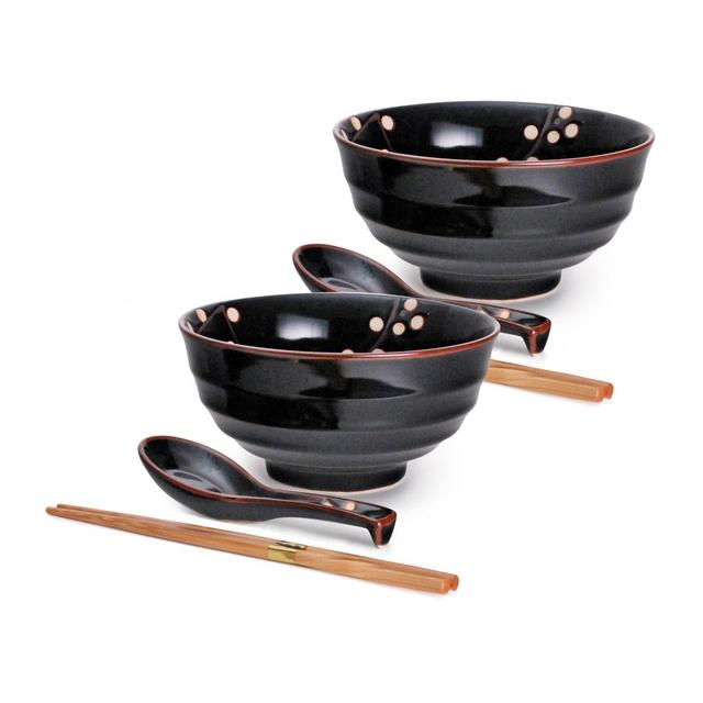 Sakura Cherry Blossom Design 6 Piece Quality Porcelain 20 fl oz Multi Purpose Noodle Bowl Set of 2 With Matching Spoon and Bamboo Chopsticks
