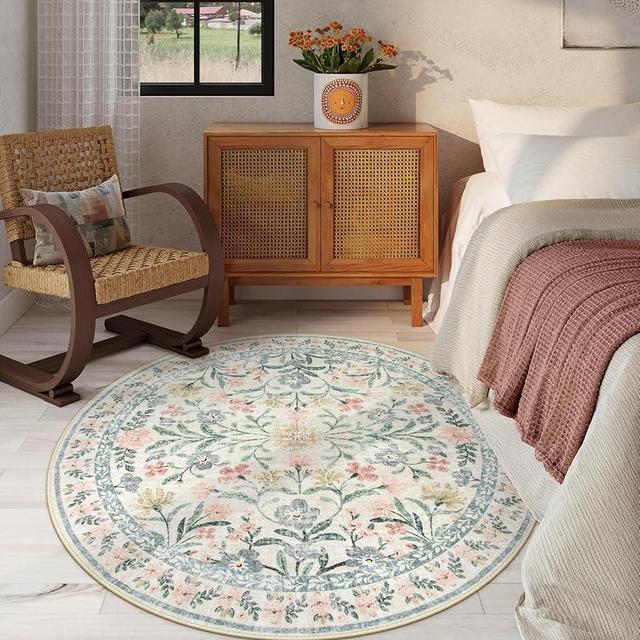 Lahome Round Boho Floral Rugs 4ft, Cream Washable Circle Rugs for Bedroom, Vintage Beige Nursery Circular Rugs, Soft Non-Slip Carpet for Kids Room Playroom, Beige