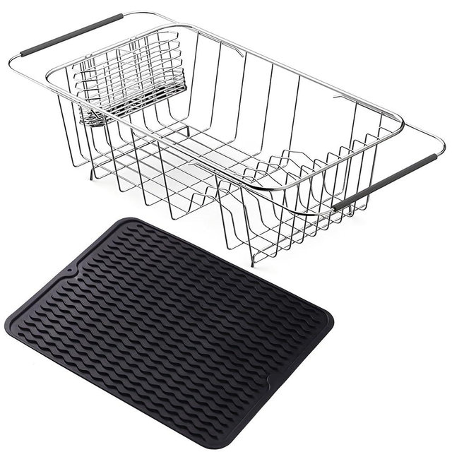 NiuYichee Stainless Steel Dish Drying Rack(15"L X 8.3"W X 5.1"H), Expandable Fruit & Vegetable Drain Rack over Sink, Dish Drainer Rack in Sink, with Stainless Steel Utensil Holder & Silicone Mat(16")