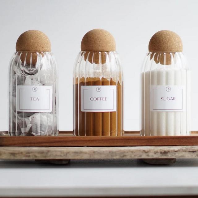 Reeded Glass Tea Coffee Sugar Jars with Cork Ball Lid
