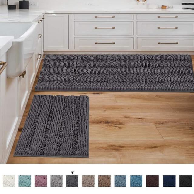 Bathroom Rugs Bath Mats Sets Super Absorbent Chenille Striped Bath Mats Non Skid Machine Wash Dry Rugs for Bathroom Floor Set of 2(Grey, 47 x 17 Plus 17 x 24 - Inches)