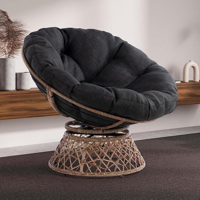 Bme Ergonomic Wicker Papasan Chair with Soft Thick Density Fabric Cushion, High Capacity Steel Frame, 360 Degree Swivel for Living, Bedroom, Reading Room, Lounge, Onyx Stone - Brown Base