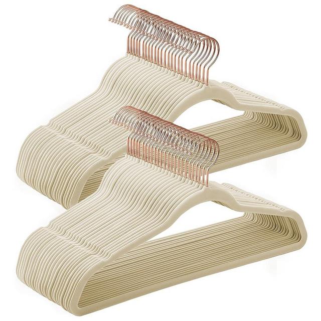 SONGMICS Velvet Hangers 50 Pack, Non-Slip Hangers with Rose Gold-Colored Swivel Hooks, Slim Space-Saving Hangers, Velvet Hangers for Closet, Heavy-Duty Hangers, Sandy Beig UCRF026K50