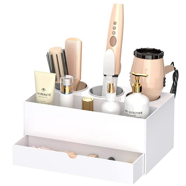 NIUBEE Hair Tool Organizer, White Acrylic Hair Dryer and Styling Organizer with Drawer, Bathroom Countertop Blow Dryer Holder, Vanity Caddy Storage Stand for Accessories, Makeup, Toiletries